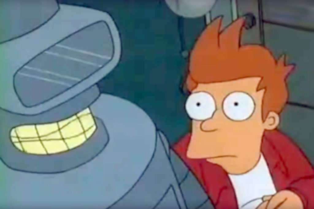 Fry sleeps in a closet with a robot who has an obsessive nightmare.